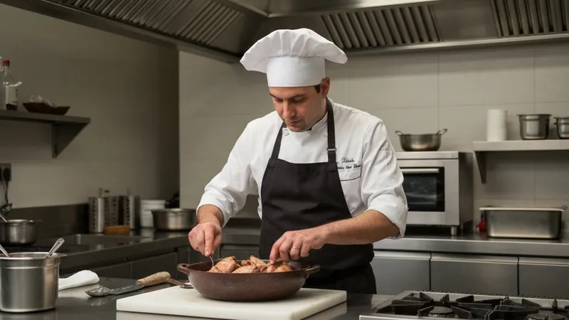 Table de cuisine française avec plats traditionnels, herbes fraîches et ustensiles, symbolisant l'authenticité culinaire.