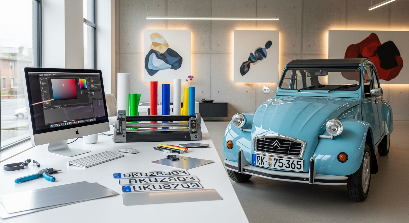 Infographie expliquant les étapes de création d'une plaque d'immatriculation légale et personnalisée