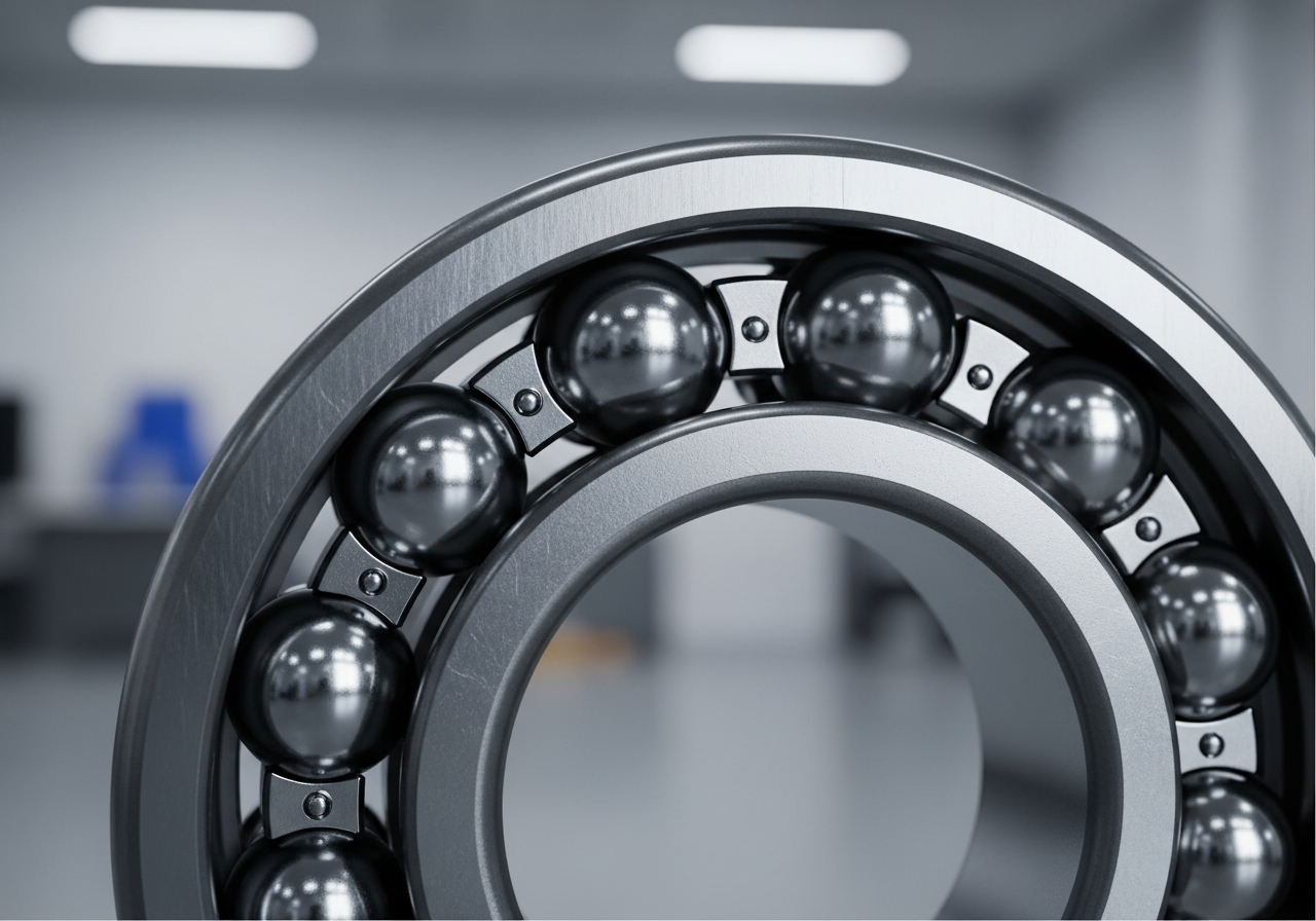 Outil spécialisé utilisé par une main gantée pour une installation précise et délicate d'un roulement à billes sur un arbre.