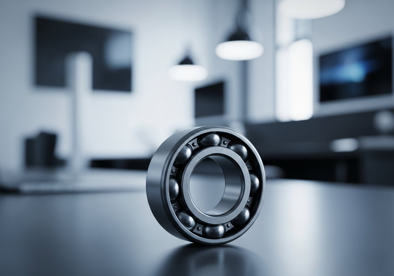 Équipe d'ingénieurs collaborant autour de plans techniques et de modèles 3D de roulements à billes sur grand écran.