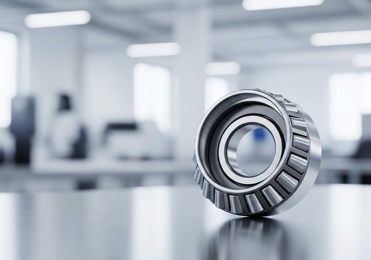 Ingénieur examinant attentivement un roulement à billes de grande taille avec une loupe dans un environnement d'atelier technique.