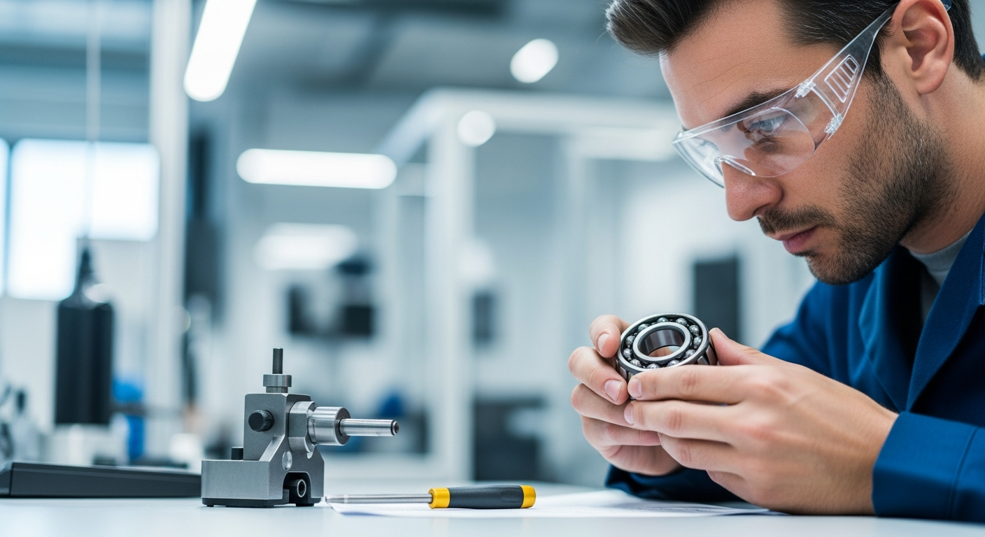 Roulement à billes de précision en fonctionnement, avec étincelles légères pour illustrer la haute performance industrielle.