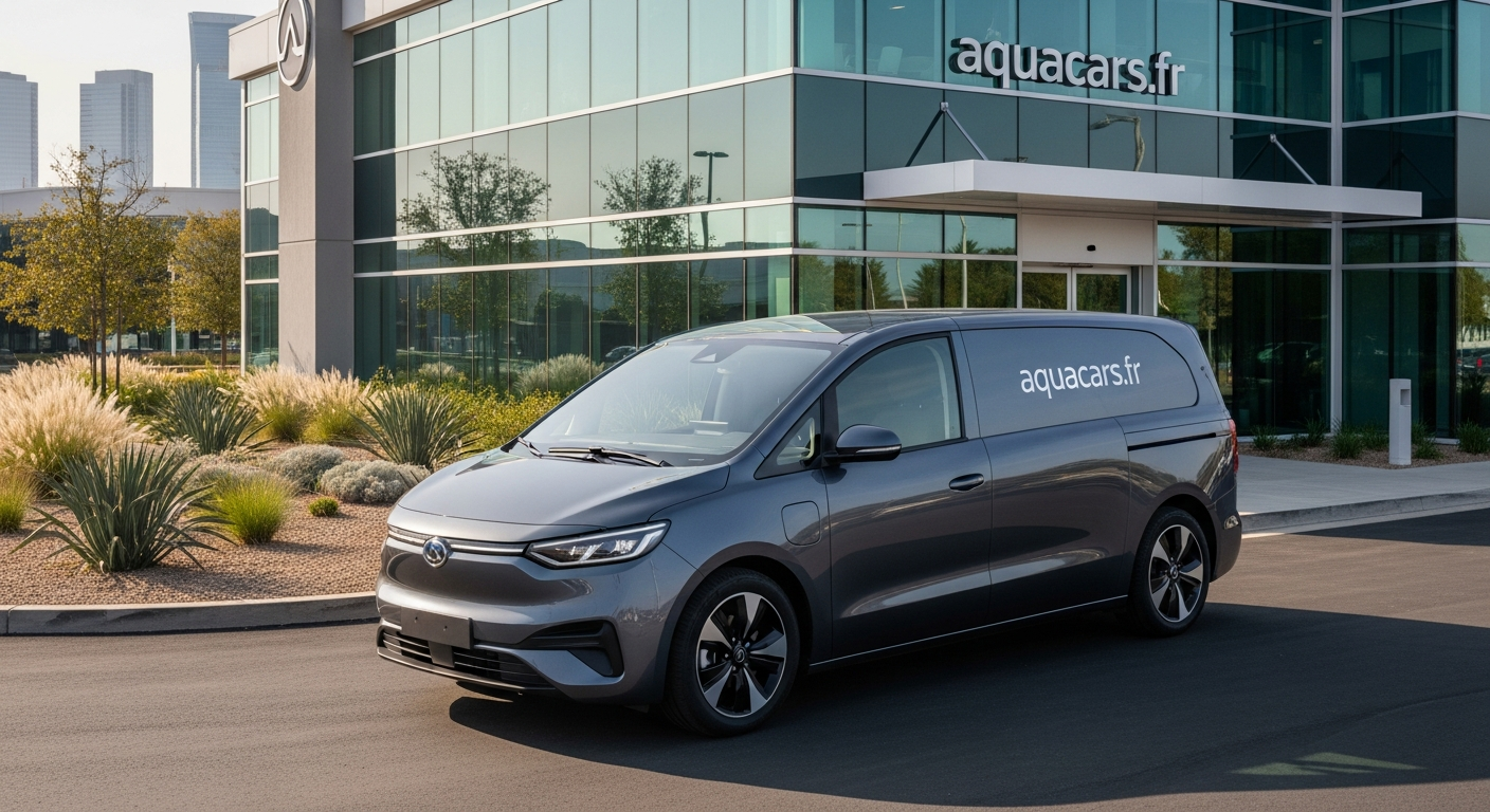 Véhicule d'entreprise avec une plaque personnalisée reflétant l'identité de la marque, stationné devant un bâtiment moderne.