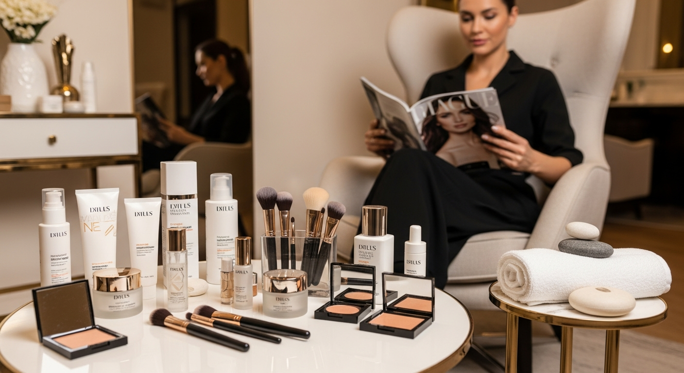 Ampoules de sérum anti-âge et pipette sur fond flou d'un laboratoire cosmétique