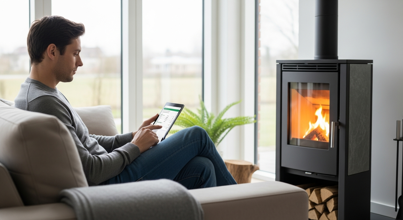 Poêle pellets moderne avec smartphone affichant prix actuels